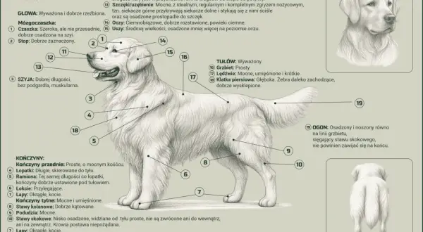 Golden retriever, pies o złocistym umaszczeniu, z zaznaczonymi częściami ciała.