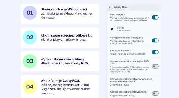 Instrukcja włączania czatów RCS na Androidzie: otwórz Wiadomości, kliknij profil, wybierz Ustawienia > Czaty RCS i potwierdź.