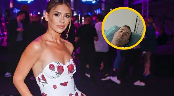 Oskar Wojciechowski Halejcio w kwiecistej sukni obok zdjęcia ukochanego w szpitalu.