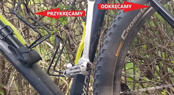 Klucz nasadowy przy pedale Shimano. Strzałki pokazują, jak dokręcić pedały w rowerze: "przykręcamy" i "odkręcamy".