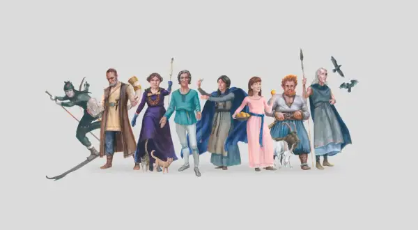 En illustration med flera figurer som ger fakta om asagudarna. En skidåkare, en man med horn, kvinnor i klänningar och män med djur och fåglar.