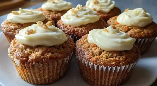 Sju saftiga morotskaka muffins med krämig frosting och hackade nötter. Perfekta för fikat!