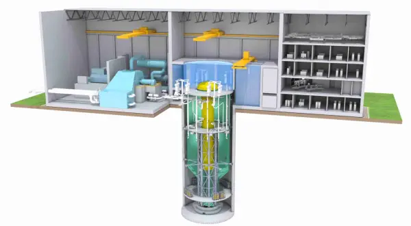 Przekrój reaktora BWRX-300: pionowy rdzeń w zielonym basenie, turbina, generator i pomieszczenia kontrolne.