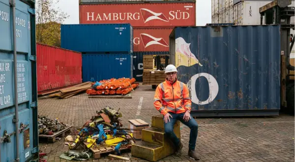 Mann in Warnweste sitzt vor einem großen, blauen conex container. Stapel von roten und blauen Containern im Hintergrund.