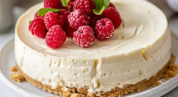 En krämig, fryst cheesecake toppad med färska hallon och mynta. Perfekt för en varm sommardag.