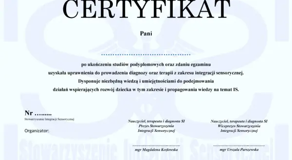 Certyfikat potwierdzający kwalifikacje do prowadzenia diagnozy i terapii z zakresu integracji sensorycznej. Dowiedz się, jak zostać terapeutą integracji sensorycznej.