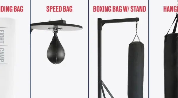 Vier Arten von Boxsäcken im Test: freistehend, Speed Bag, mit Ständer und hängend.