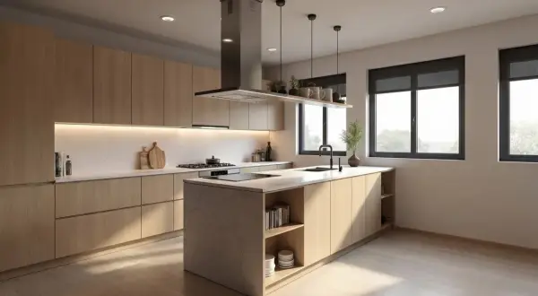 Cocina moderna con isla central, gabinetes de madera clara y encimeras de mármol. Perfecta para una reforma de cocina.