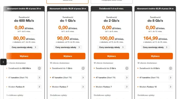 Porównanie ofert światłowodu: 600 Mb/s za 0 zł przez 6 mies., 1 Gb/s za 0 zł przez 9 mies., 2 Gb/s za 0 zł przez 9 mies., 8 Gb/s za 0 zł przez 12 mies. Sprawdź cenę światłowodu!