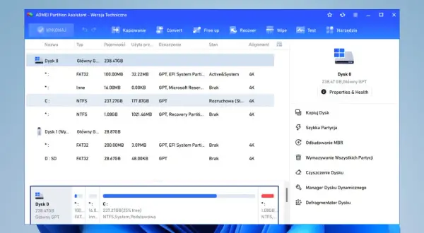 AOMEI Partition Assistant, program do naprawy dysku HDD, pokazuje partycje dysków 0 i 1.