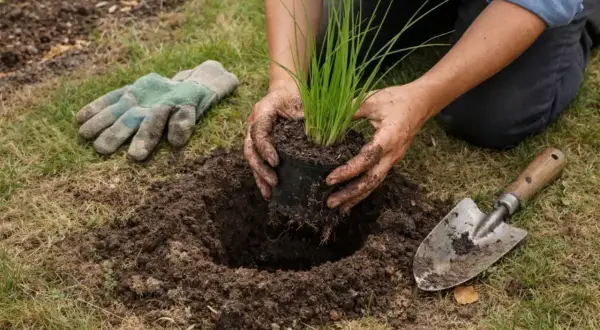 Sadzenie trawy pampasowej: wiosna i jesień to najlepszy czas. Ręce w ziemi, sadzonka w doniczce, łopatka i rękawice obok.