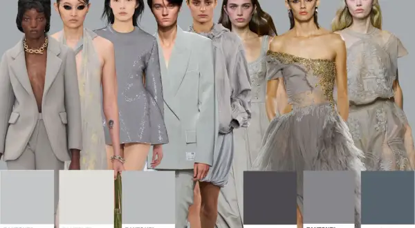 Modelle con abiti grigi, dal chiaro al scuro, come antracite che colore è. Palette colori: Glacier Gray, Vaporous Gray, Quiet Gray, Magnet, Skyrocket, Stormy Weather.