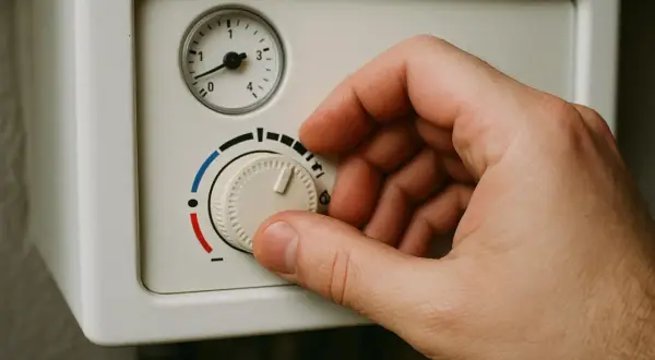Dłoń kręci pokrętłem pieca gazowego, ustawiając jaka temperatura na piecu gazowym będzie najlepsza.