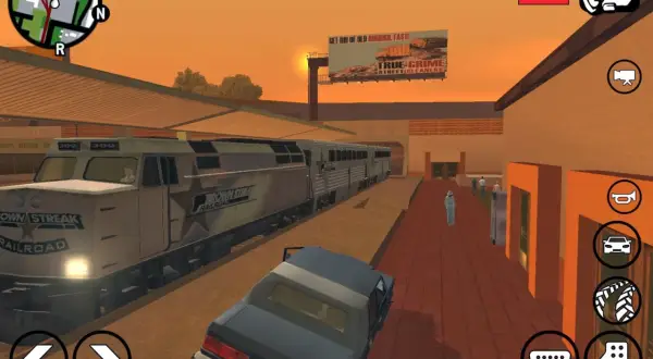 Pociąg na stacji w GTA SA Android. Spolszczenie gry działa, a na ekranie widać elementy interfejsu i mapę.