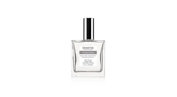 Szklana buteleczka perfum Demeter "Thunderstorm" z metalową nakrętką. Zapach przywołuje atmosferę burzy.