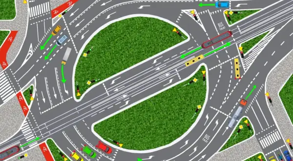 Ruch na rondzie: samochody, autobusy i taxi sygnalizują swoje zamiary za pomocą kierunkowskazów.