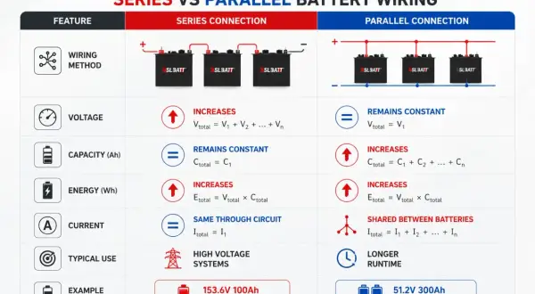 Jämförelse av serie- och parallellkoppling av batterier. Seriekoppla batteri för högre spänning, parallellkoppling för längre drifttid.