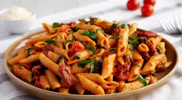 Penne z sosem pomidorowym i suszonymi pomidorami, posypane świeżą natką pietruszki. Idealne danie dla miłośników włoskich smaków.