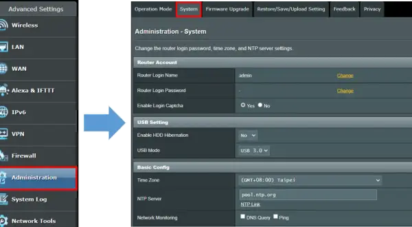 Panel administracyjny routera, zakładka "System". Tu zmienisz hasło, by zalogować się do routera, strefę czasową i serwer NTP.