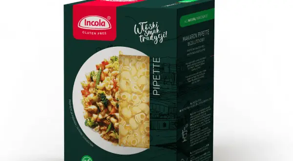 Pudełko makaronu Incola Pipette bez glutenu, z sugestią podania z warzywami. Idealny dla osób na diecie bezglutenowej.