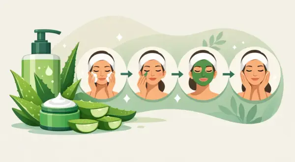Ilustración muestra cómo aplicar aloe vera en la piel: limpieza, aplicación de mascarilla y cuidado final.