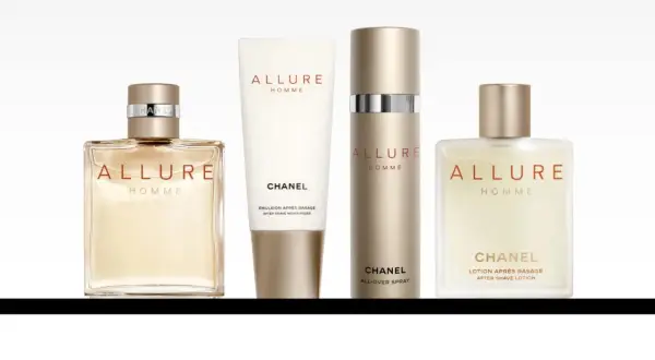 Zestaw kosmetyków Chanel Allure Homme: woda toaletowa, balsam po goleniu, spray i lotion.