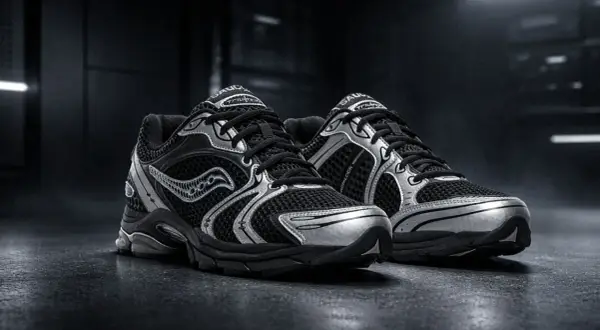 Paire de baskets noires et argentées Saucony Progrid, prêtes pour la course.