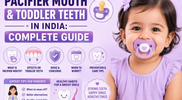 A smiling toddler wears a purple pacifier, illustrating the topic of pacifier mouth and toddler teeth in India.