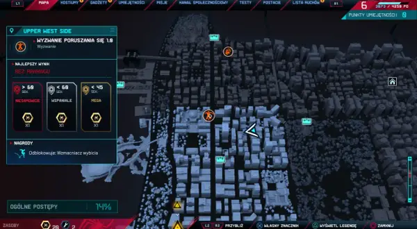 Mapa z gry Spider-Man Miles Morales, pokazująca wyzwanie poruszania się. Gracz dąży do zdobycia platyny, osiągając najlepsze wyniki.