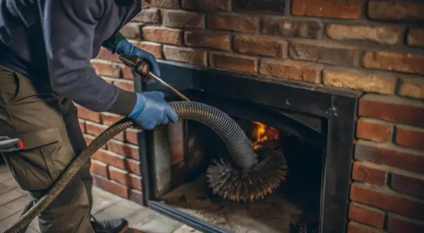 Un ramoneur utilise une brosse et un flexible pour comment ramoner un conduit de cheminée par le bas.