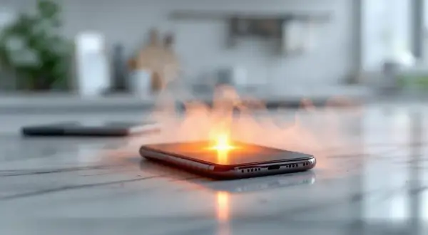 Telefon dymi i świeci na pomarańczowo, pokazując, czemu telefon się nagrzewa.