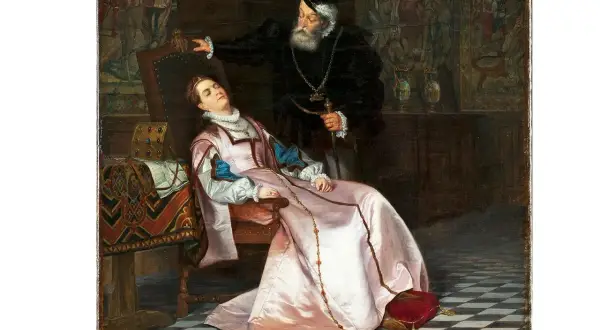 En äldre man med skägg står över en sovande kvinna i en stol. Kvinnan, som kan vara Katarina av Sachsen-Lauenburg, bär en rosa klänning.