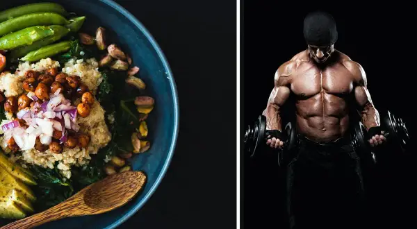 Gesunder veganer Muskelaufbau: Quinoa-Bowl mit Kichererbsen und Avocado neben einem Mann, der mit Hanteln trainiert.