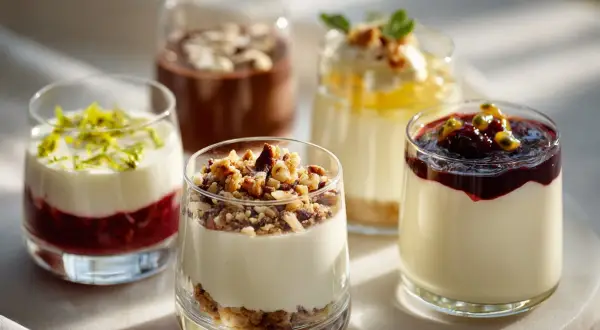 Fem olika dessert i glas, med bär, nötter och frukt. En fest för ögat och gommen.