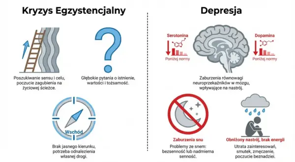 Kryzys egzystencjalny: zagubienie, brak celu, pytania o sens. Depresja: niski nastrój, brak energii, smutek, zmęczenie, poczucie beznadziei.