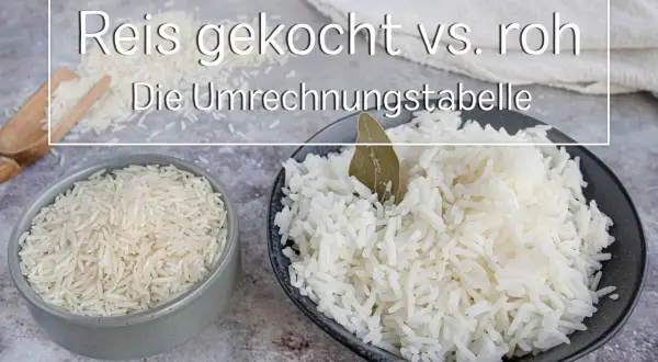 Reis gekocht vs. roh: 100 Gramm ungekochter Reis ergeben etwa 250-300 Gramm gekochten Reis. Hier die Umrechnungstabelle.