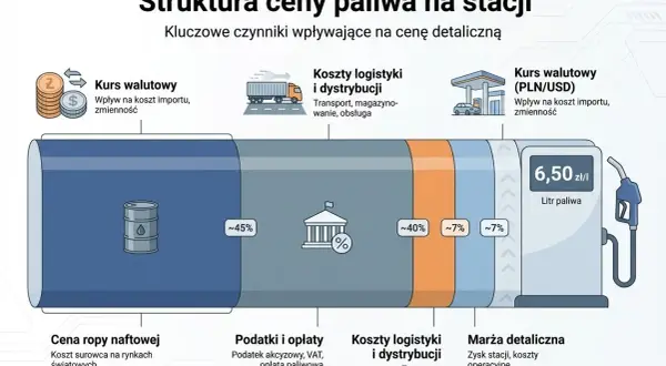 Struktura ceny paliwa: ropa (45%), podatki (40%), logistyka (7%), marża (7%). Kurs walutowy wpływa na koszt importu.
