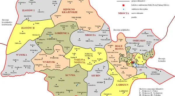 Mapa Diecezji Bydgoskiej. Jak sprawdzić czy parafia należy do konkretnej diecezji? Mapa pokazuje granice dekanatów i parafie.