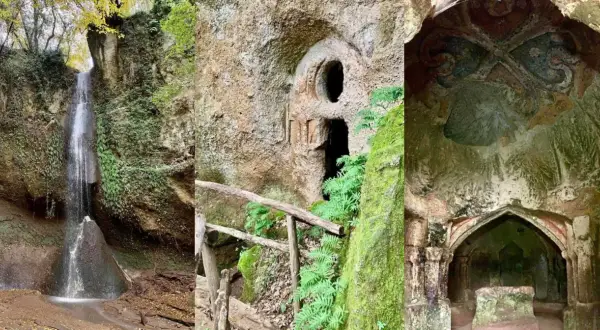 Cascata e grotte scavate nella roccia, tra cui un ingresso con decorazioni e un interno affrescato, nel suggestivo eremo di Poggio Conte.