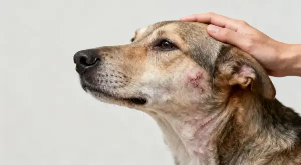Perro con sarna en la cara, mostrando irritación y costras. Una mano acaricia su cabeza con ternura.