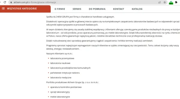 Opis firmy ALCHEM GRUPA: kompleksowe zaopatrzenie laboratoriów w sprzęt, odczynniki i meble. Oferta dla laboratoriów przemysłowych, naukowych, medycznych.