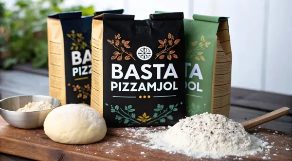 Bästa pizzamjöl för hemmabakat bröd. En degboll och mjöl på en träskärbräda framför tre mjölpåsar.