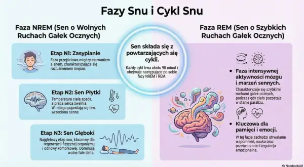 Ilustracja wyjaśnia, jak działają sny, pokazując fazy NREM i REM. Sen składa się z cykli, które trwają ok. 90 minut.