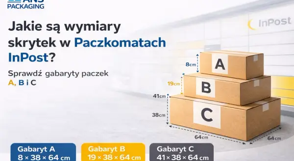 Trzy paczki oznaczane A, B, C. Gabaryt B ma wymiary 19x38x64 cm.