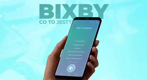 Bixby po polsku: asystent głosowy na ekranie telefonu. "Okay, I'm listening" i przykładowe komendy.