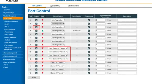 Konfiguracja switcha: Port Control. Widoczne ustawienia portów 1-16, w tym prędkość, status i kontrola przepływu. Porty 9-12 mają ustawioną prędkość "Fiber: Detect SFP speed".
