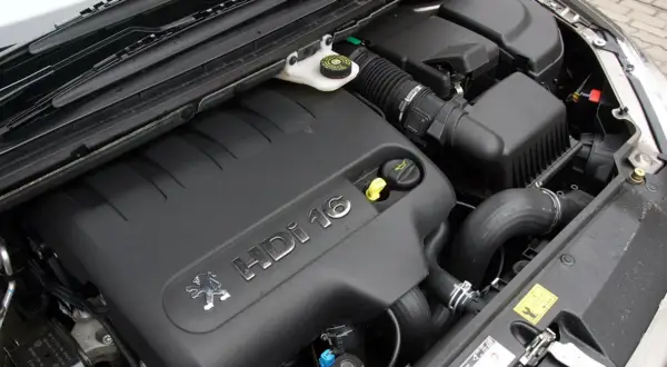 Silnik Citroen 2.0 HDi 16V, czarny plastikowy kolektor ssący z logo Peugeot i napisem HDi 16.