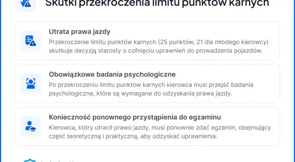 Przekroczenie limitu punktów karnych grozi utratą prawa jazdy, badaniami psychologicznymi i koniecznością ponownego zdania egzaminu.