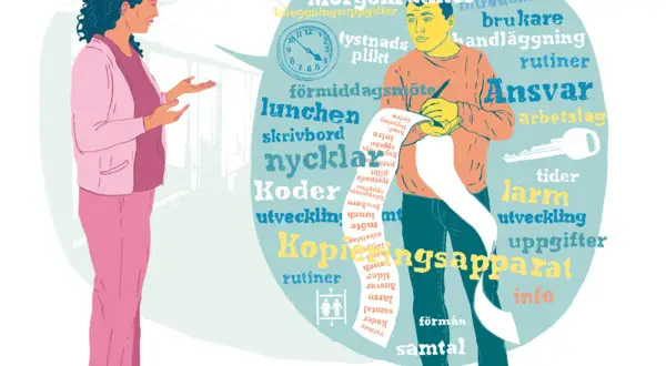 En man skriver en lång lista med ord som "ansvar", "rutiner" och "uppgifter". Kvinnan bredvid verkar förklara nackdelar med vikariat.