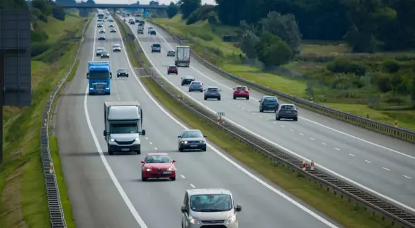 Na autostradzie ruch samochodów. Niebieska ciężarówka wykonuje wyprzedzanie z prawej strony, omijając inne pojazdy.